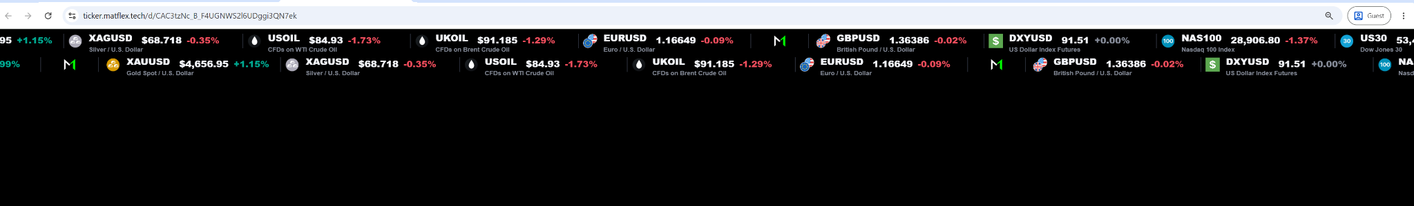 MatFlex Ticker stock market LED ticker display showing live financial instruments